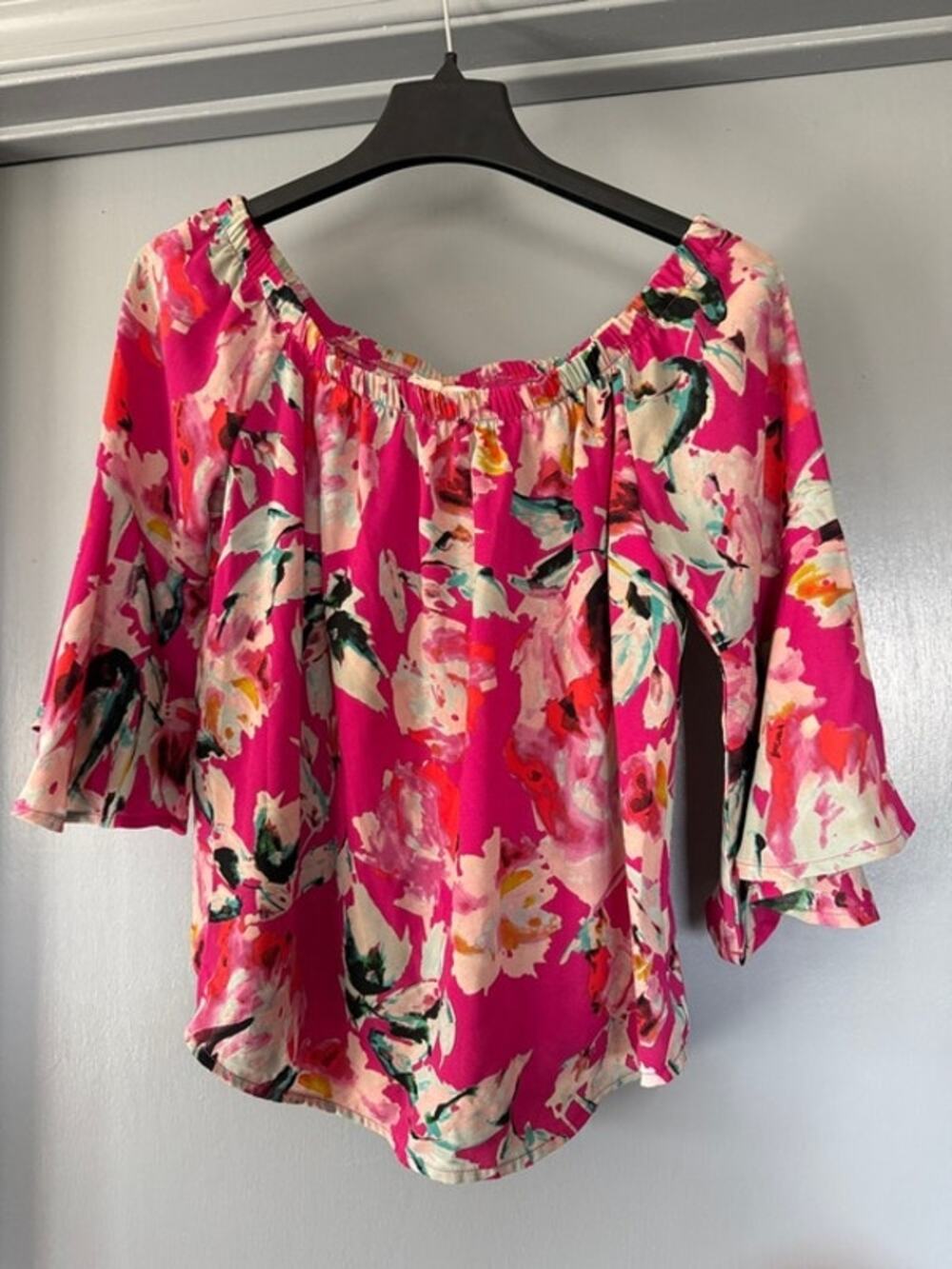 Eight Sixty Pink Floral Pullover Top 3/4 Flared Sleeves Cottagecore Prairie sz S